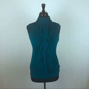 The Limited Ruffle Mock Neck Teal Tank Top